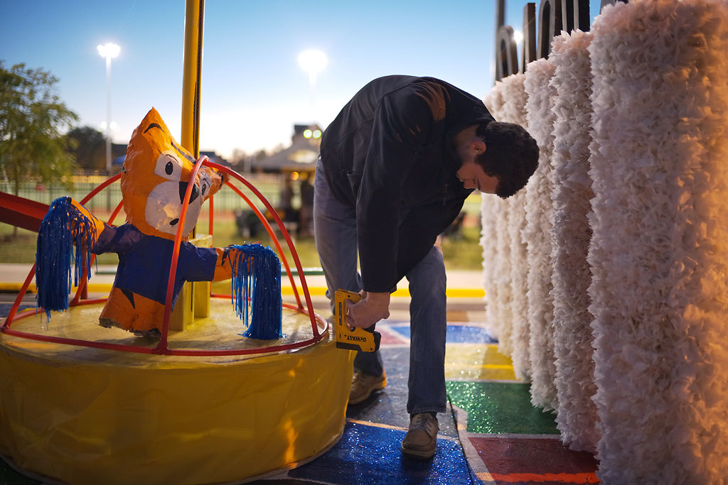 MU sophomore Chase Heim finishes the MU chapter of Phi Delta Theta's homecoming float for a parade on Saturday (copy)